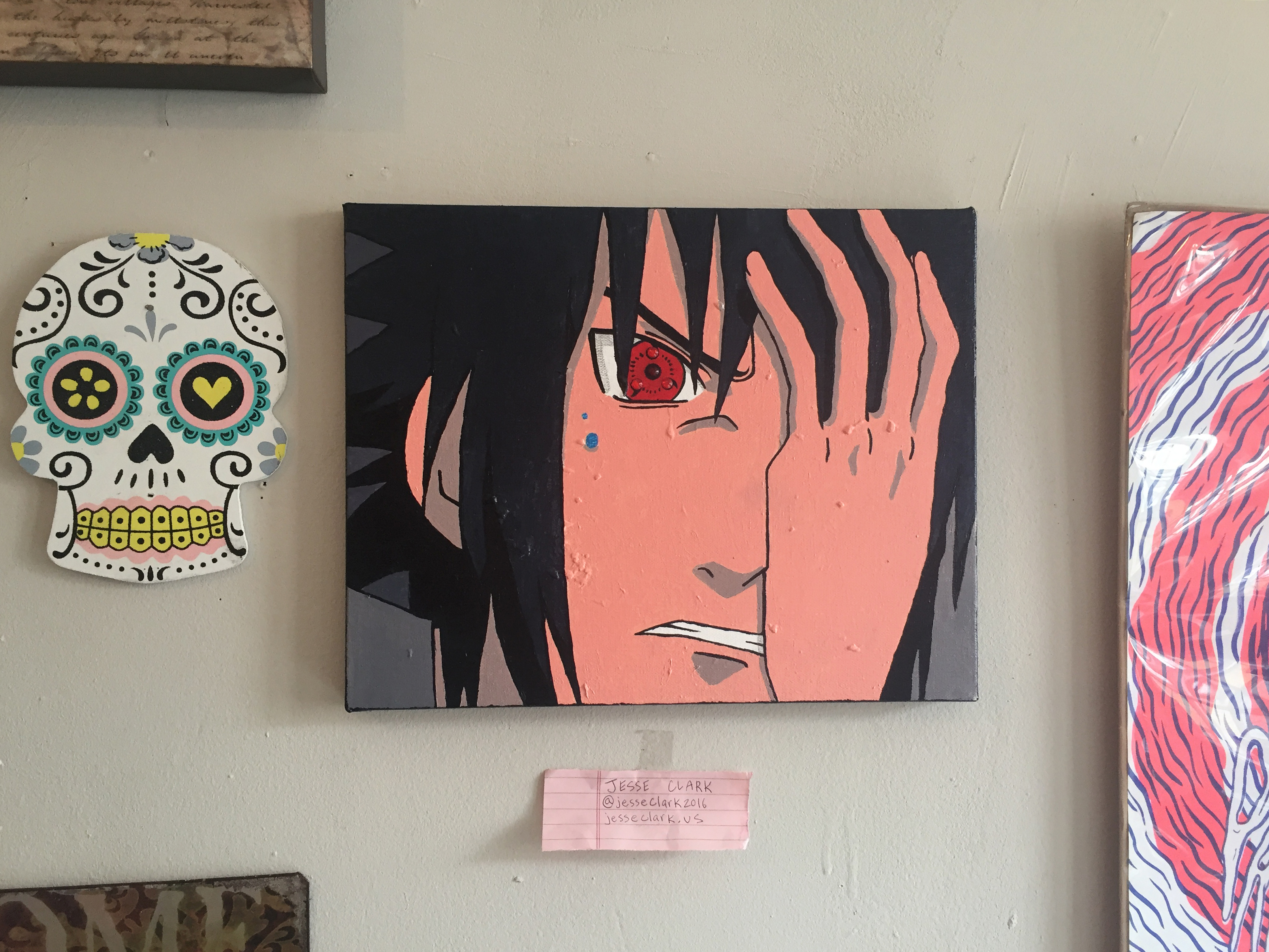 Acrylic painting of Sasuke from Naruto covering one eye and grimacing